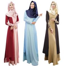 Wanita Muslim Dress Disambung Warna Blok Crochet Lace Zipper Lengan Panjang Arab Maxi One-Piece-Intl