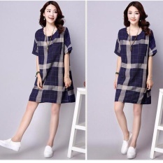 Wanita Gemuk Lady Hamil Dress Kotak-kotak Shorts Linen Lengan A-Line Gaun O-leher Baju Kemeja Tops Plus Ukuran (biru) -Intl