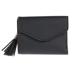Wanita PU Kulit Pendek Lipat Dompet Rumbai Kartu Koin Kopling Dompet (Hitam)-Intl