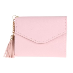 Wanita PU Kulit Pendek Lipat Dompet Rumbai Kartu Koin Kopling Dompet (Merah Muda)-Intl