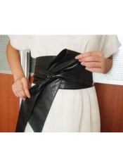 Wanita PU Kulit Lembut Diri Dasi Ikatan Simpul Tali Membungkus Selempang Obi Sabuk Hitam-Internasional