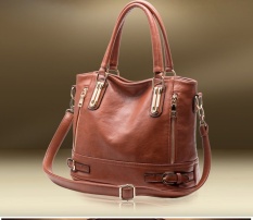 Wanita Retro Tas Kulit Sapi Asli Kulit Handbag Brown-Intl