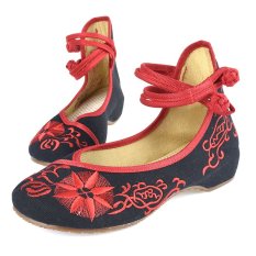Wanita Retro Gaya Cina Bunga Matahari Flora Kain Bordir Sepatu (Hitam)