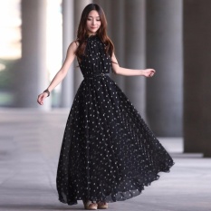 Women Ruffle Scoop Kerah Sleeveless Renda-up Polka Dot Dress dengan Pinggang (Hitam)-Intl