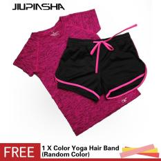 Wanita Lengan Pendek Baju + Celana Pendek Menjalankan Yoga Set Bernapas Cepat Kering Jogging Gym Fitness Suit-Intl
