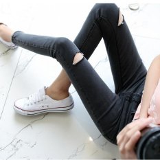 Wanita Kurus Celana Pensil Tinggi Pinggang jeans Robek Elastis Biru Denim Kesembilan Jeans Katun untuk Lubang Kaki Jeans Plus Ukuran 3 Warna -Intl