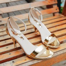 Wanita Musim Panas Terbuka Kaki Budak Stiletto Bertumit Sedang Ankle Strap Fashion Sandal D167 Emas (EU: 33) -Intl