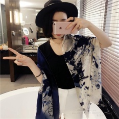Wanita Musim Panas Sunscreen AC Scarf Selendang Tinta Lukisan Gaya Nasional Warna Syal Multifungsi Syal Biru Tua-Internasional