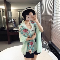 Wanita Musim Panas Sunscreen AC Scarf Selendang Linen Cotton Bordir Bunga Gaya Nasional Warna Syal Multifungsi Syal Hijau-Intl