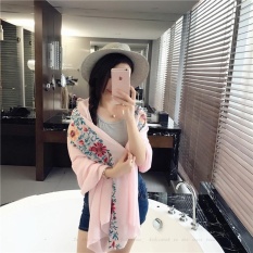 Wanita Musim Panas Sunscreen AC Scarf Selendang Linen Cotton Bordir Bunga Gaya Nasional Warna Syal Multifungsi Syal Berwarna Merah Muda-Internasional