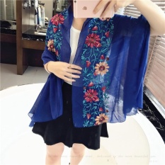 Wanita Musim Panas Sunscreen AC Scarf Selendang Linen Cotton Bordir Bunga Gaya Nasional Warna Syal Multifungsi Syal Royal Blue- INTL