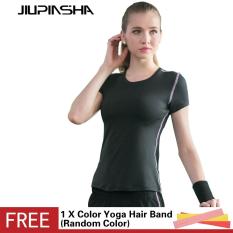 Wanita Training Yoga Set Striped Jahitan Kemeja Kebugaran + Palsu Dua Potong Shorts Workout Gym Olahraga Menjalankan Breathable Slim Suit -Intl