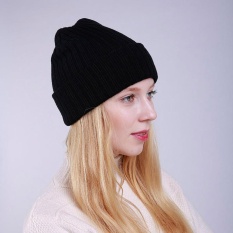 Wanita Musim Dingin Hangat Lipat Rajutan Topi Rajut Outdoor Tengkorak Beanie (Hitam)-Intl