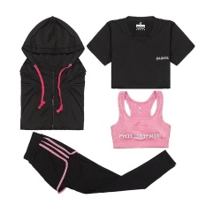 Wanita Yoga Menjalankan Olahraga Suit Cepat Kering T-shirt + Coat + Dicetak Bra + Fake Two Piece Pant 4 Pcs Suit Pink Sportswear Pakaian-Intl