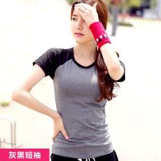 Wanita Yoga Kemeja Pendek Berlengan Latihan Pakaian Wanita T-shirt Jaket Slim Cepat Kering Menjalankan Kebugaran T-shirt Grey dengan Black- INTL