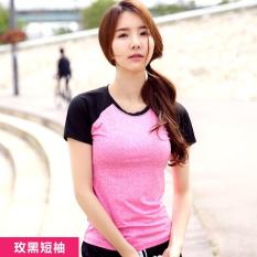 Wanita Yoga Kemeja Pendek Berlengan Latihan Pakaian Wanita T-shirt Jaket Slim Cepat Kering Menjalankan Kebugaran T-shirt Hot Pink dengan Hitam -Intl