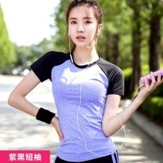 Wanita Yoga Kemeja Pendek Berlengan Latihan Pakaian Wanita T-shirt Jaket Slim Cepat Kering Menjalankan Kebugaran T-shirt Ungu dengan Black- INTL