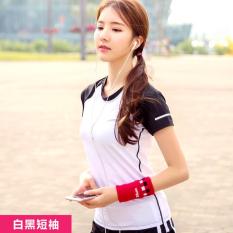Wanita Yoga Kemeja Pendek Berlengan Latihan Pakaian Wanita T-shirt Jaket Slim Cepat Kering Menjalankan Kebugaran T-shirt Putih dengan Black- INTL