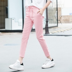 Wanita Capri Warna Solid Ramping Tanaman Kapas Celana untuk Pemakaian Sehari-hari (pink)-Intl
