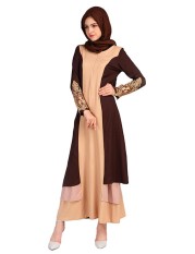 Blok Warna Wanita Renda Penyambungan Islam Abaya Jilbab Lengan Panjang Muslim Gaun Warna: Ukuran Warna Kopi: 2XL LUCKY-G-Internasional