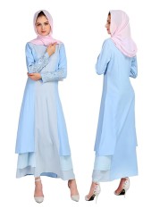 Blok Warna Wanita Renda Penyambungan Islam Abaya Jilbab Lengan Panjang Muslim Gaun Warna: Biru Muda Ukuran: M LUCKY-G-Internasional