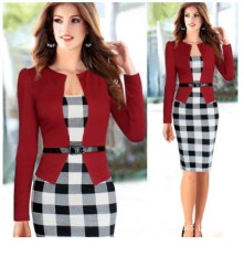 Wanita Modis Musim Panas Formal Lengan Panjang Kotak-kotak Pensil Gaun Kantor Wanita Pesta Gaun Wanita Kasual Ramping Palsu Dua Kepingan pas Badan Gaun Antik Gaun Malam dengan Sabuk Plus Ukuran S-3XL (Merah) -Internasional
