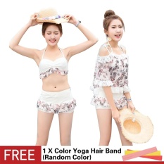 Women's Floral Print Underwire dengan Padded Bikini Tiga Potong Set Swimsuit Chiffon Lace Stitching Blus Cover-up Split Swimwear-Intl