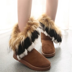 Wanita Kulit Salju Boots Kelinci Nyata Fox Fur Mid Bulu Betis Menebal Tassel Boots Merah Marun-Internasional
