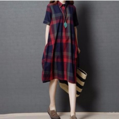 Women's Plus Size Dress Long Dress Chequered Polo Collar A-Line Dress - intl
