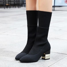 Wanita Menunjuk Toe Hak Square Pendek Boots Partai Jepang Winter Boots Black-Intl