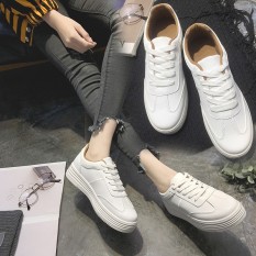 Wanita Kulit Putih Murni Lace-up Shoes Female untuk Kegiatan Outdoor Tebal Bawah Sepatu Siswa Snekers-Intl