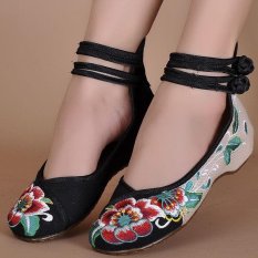 Womens Bridal Casual Balet Sandal Datar Bunga Bersulam Sepatu Mary Jane Pump Black-Intl