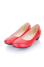 Warna Candy Wanita Kulit Ular Rantai Logam Round Toe Sepatu Rendah Tumit Sepatu (Merah)-Intl