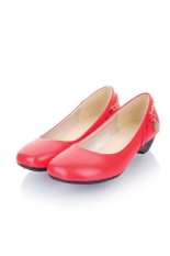 Warna Candy Wanita Kulit Ular Rantai Logam Round Toe Sepatu Rendah Tumit Sepatu (Merah) -Intl-Intl
