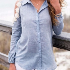 Womens Casual Long Sleeve, Brokat, Kemeja Wanita T-shirt Longgar Blus-Intl