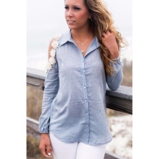 Womens Casual Long Sleeve, Brokat, Kemeja Wanita T-shirt Longgar Blus-Intl