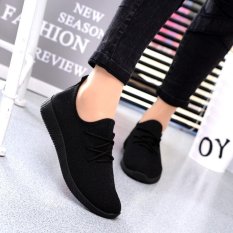 Womens Casual Sport Sepatu Atletik Kets untuk Berlari Dapat Bernapas Mesh Walking Flat BLACK-Intl