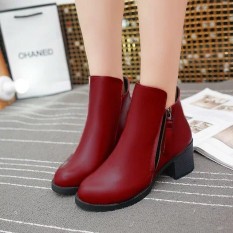 Wanita Sepatu Kulit Sepatu Bot Wanita Persegi Tinggi Heel Bot untuk Wanita Modis Risleting Hitam-Internasional