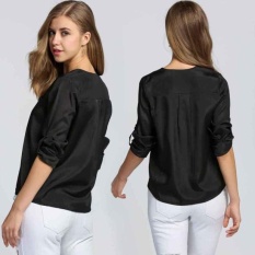 Wanita Lengan Panjang OL Karir Sifon Atasan Blus Tombol Downshirt (Hitam)-Internasional