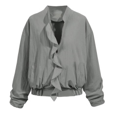 Wanita Lengan Panjang Retro Zipper Bomber Ruffle Jaket Rak GY/L-Intl