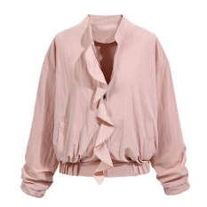 Wanita Lengan Panjang Retro Zipper Up Bomber Ruffle Jaket Mantel PK/L-Intl