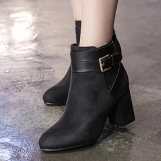 Women's Round Toe Square Heel Ankle Boots Korean Casual High Heels with Buckle Black - intl