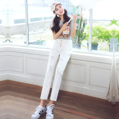 Womens Sexy Punk Gaya Ripped Hole Jeans Pinggang Pinggang Kasual Celana Jogger Celana-putih-Intl