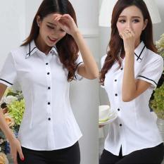 Wanita Lengan Pendek Putih Chiffon Blus dengan Garis-garis Hitam Detail-Internasional