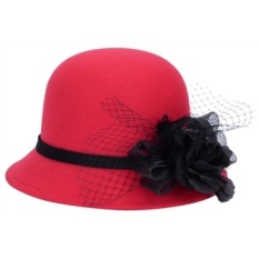 Wanita Musim Dingin Pendek Brim Wol Cloche Bucket Hat Bowler Cap dengan Jilbab dan Bunga-Intl
