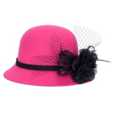 Wanita Musim Dingin Pendek Brim Wol Cloche Bucket Hat Bowler Cap dengan Jilbab dan Bunga-Intl