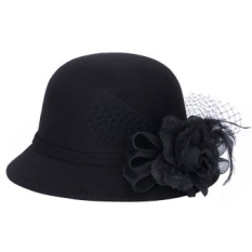 Wanita Musim Dingin Pendek Brim Wol Cloche Bucket Hat Bowler Cap dengan Jilbab dan Bunga-Intl