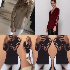 Kekuatan Luar Biasa Baru Wanita Modis Musim Gugur Seksi Blus Ukuran Lebih Blus Pullovers Dalam V Silang Tali Lengan Panjang wanita Kasual Split Kaus Katun Atasan Split Kaus S-XXL-Khaki-Int: s-Internasional