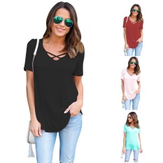 Kekuatan Luar Biasa Wanita Summer Cross Depan Atasan Dalam V Leher Blus Kasual Girls Tees T Shirts Brand New-Merah -L-Intl