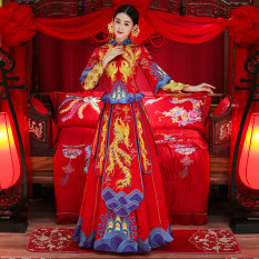 Xiu Wo Pakaian Baju Pelayanan Mempelai Wanita Baru Kimono Gaun Naga atau Phoenix Gaun Pengantin Gaun Pengantin (Mewah Model qi + Anting)